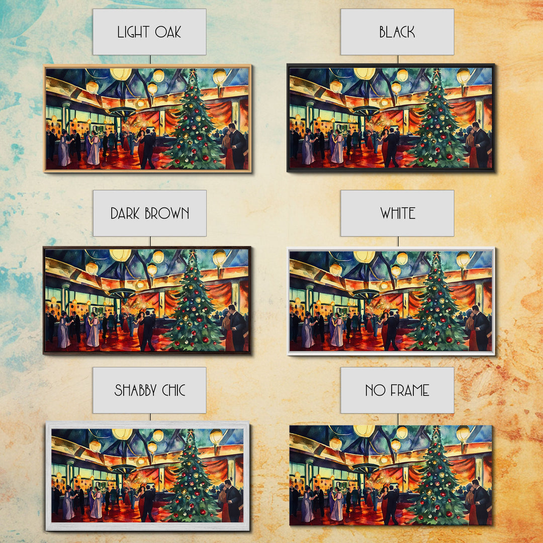 Elegant ballroom Christmas tree with dancing couples, framed canvas print vibrant holiday party decor perfect seasonal wall art