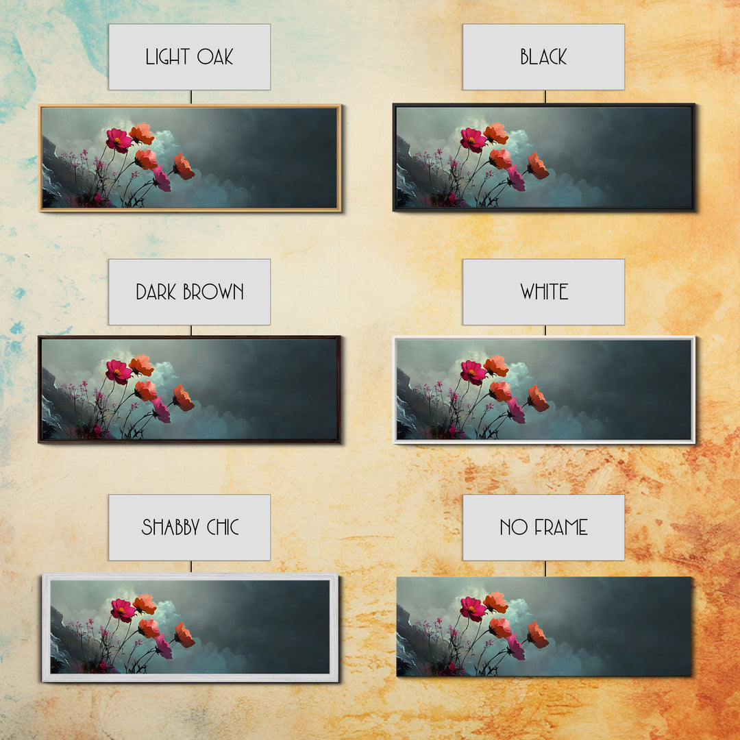 Beautiful Wild Flowers In The Clouds, Mountain Painting Canvas Print, Moody Decor, Muted and Subdued Wall Art, Centerpiece Art