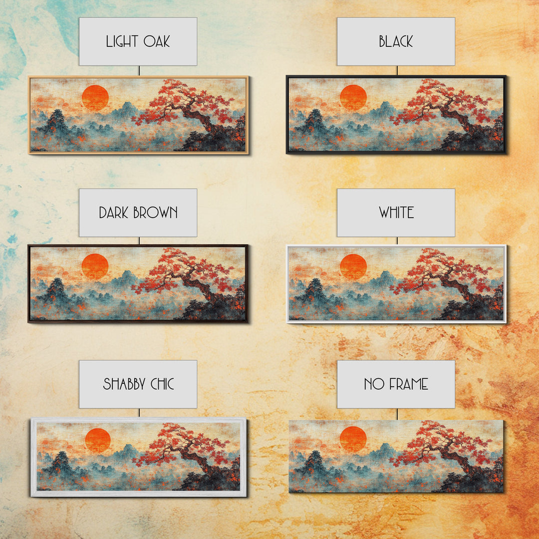 Maple Tree At Sunset With Red Leaves, Japanese Vintage Style Wall Art, Panoramic Painting Print, Woodblock Print, Boho Wall Decor