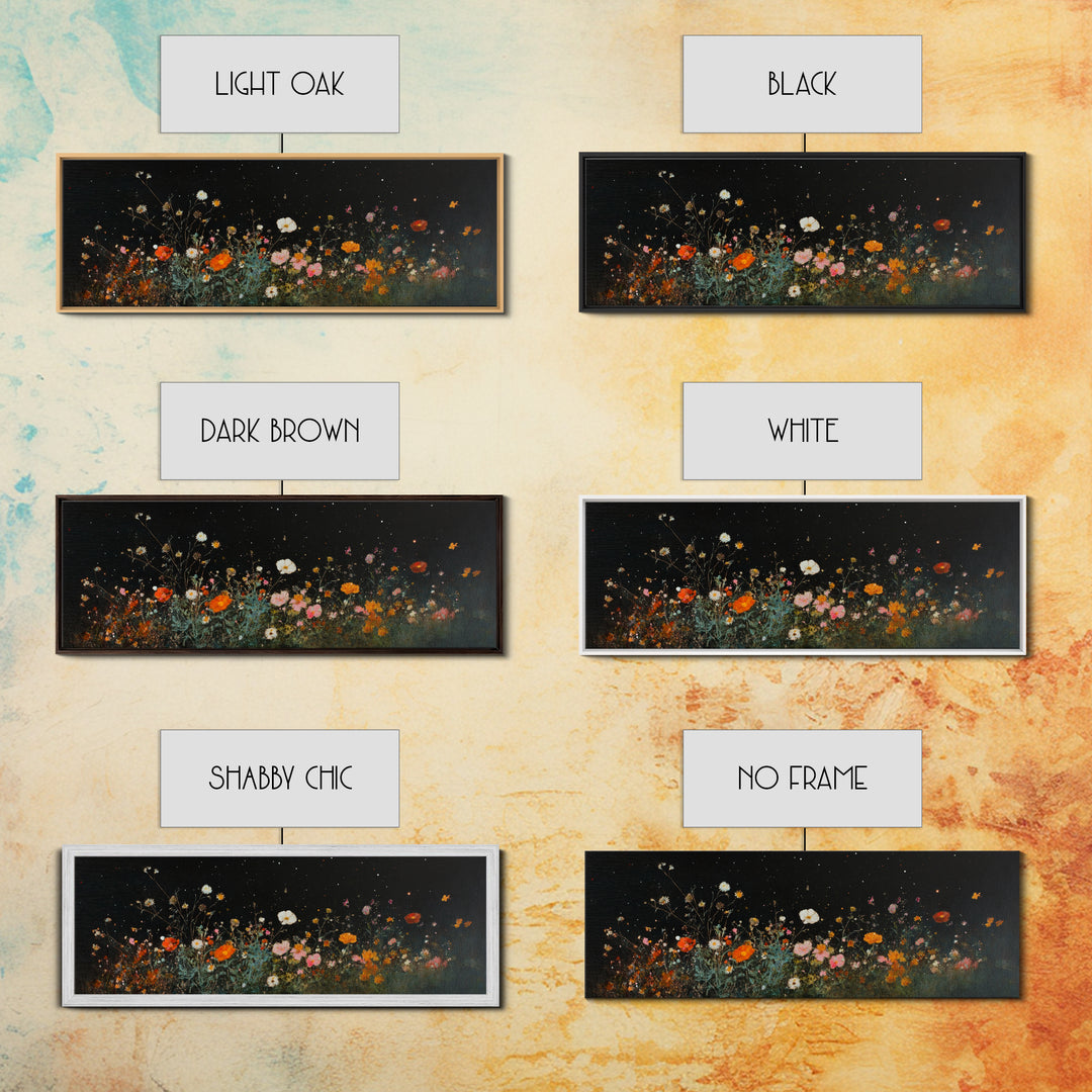 Dark & Moody Wild Flowers Under a Full Moon, Framed Canvas Print, Panoramic Extra Wide Wall Art, Oversized Home Decor