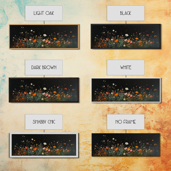 Dark & Moody Wild Flowers Under a Full Moon, Framed Canvas Print, Panoramic Extra Wide Wall Art, Oversized Home Decor