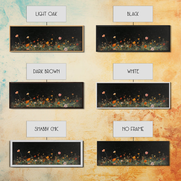 Dark & Moody Wild Flowers Under a Full Moon, Framed Canvas Print, Panoramic Extra Wide Wall Art, Oversized Home Decor, Modern Farmhouse Art