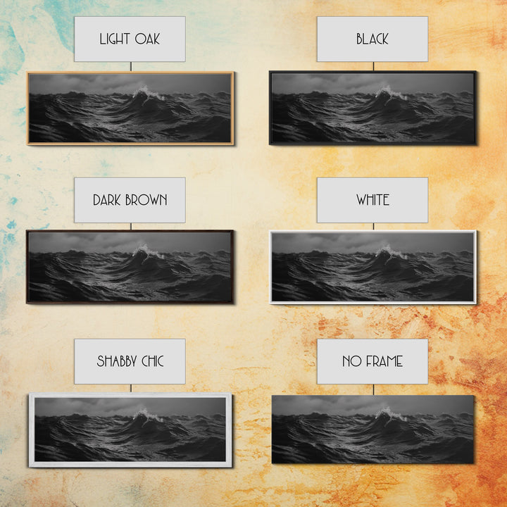 Black and White Ocean Photography Style Print, Panoramic Wall Art, Wood Framed Canvas Art, Seascapes, Nautical Decor