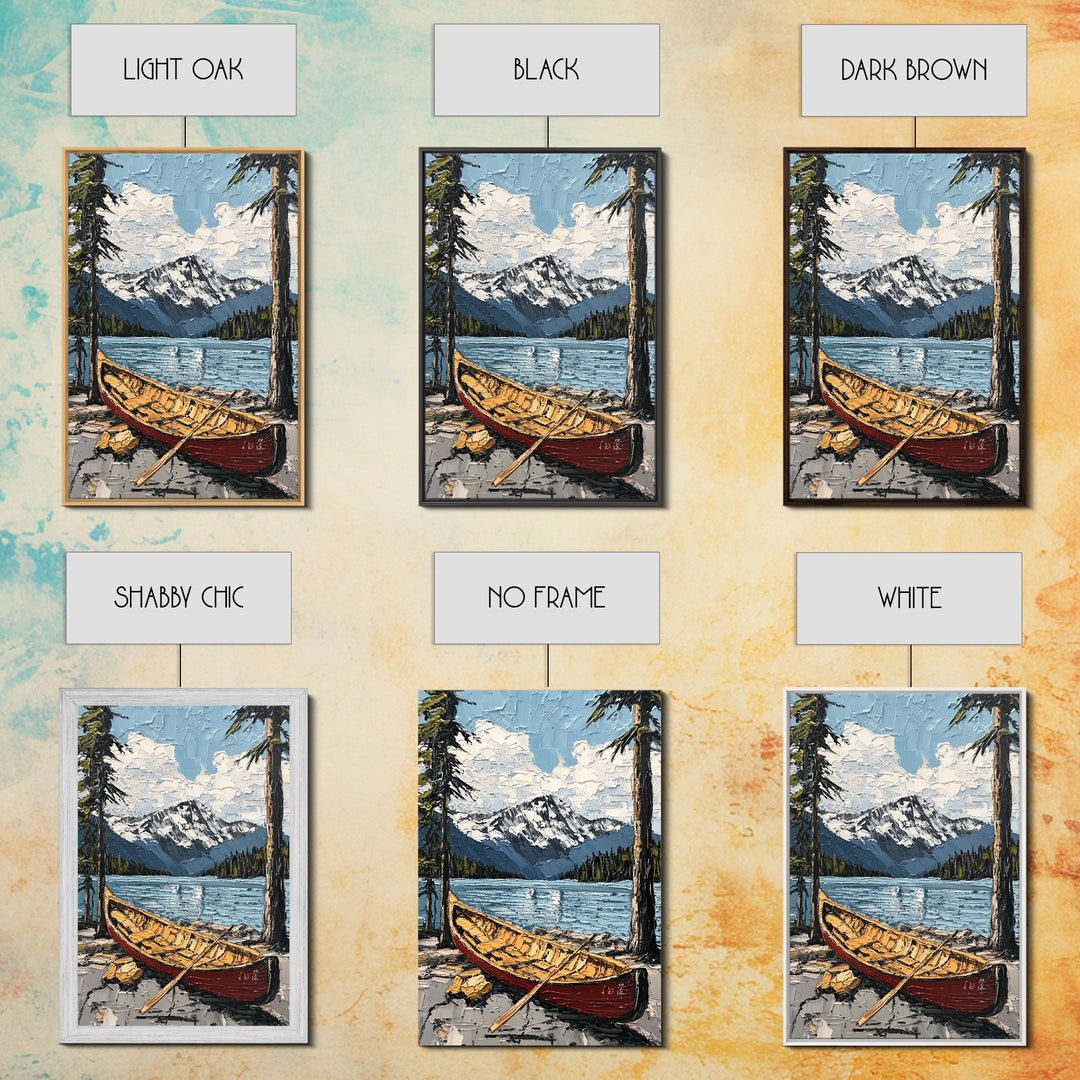 Canoe in the Mountains Framed Canvas Print, Abstract Pacific Northwest Oil Painting Print, Oregon or Washington Wall Art