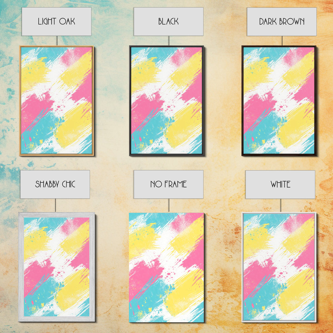 Brush Strokes On Canvas Print, Wood Framed Wall Art, Preppy Dorm Room Decor, Pink Turquoise and Yellow on White Background Wall Art