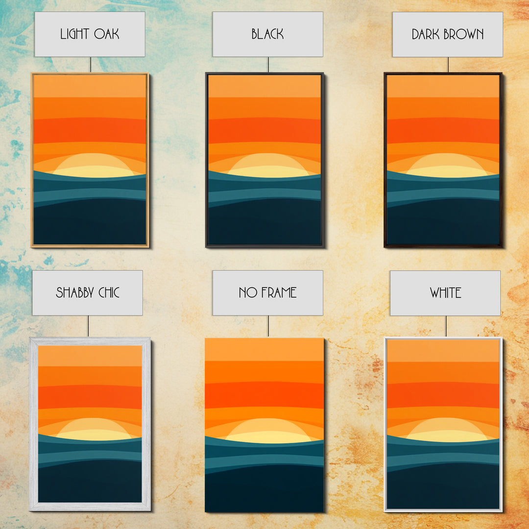 Art Deco Sunset Framed Canvas Print, MCM Style Wall Art Living Room Decor, Abstract Modern Art