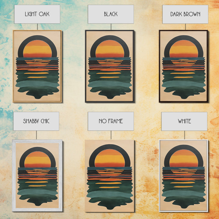 Art Deco Sunset Over The Ocean, Minimalist Home Decor Canvas Print, Emerald Green Ocean With Sunrise, Boho Art