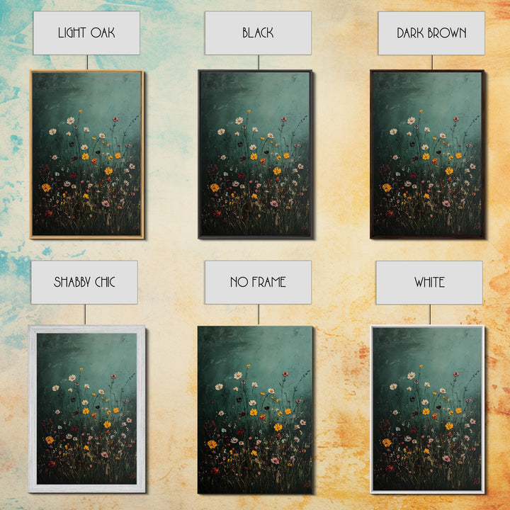 Dark & Moody Wild Flowers Print, Framed Canvas, Boho Decor, Wildflowers in a Rain Storm, Modern Farmhouse, Rustic Decor