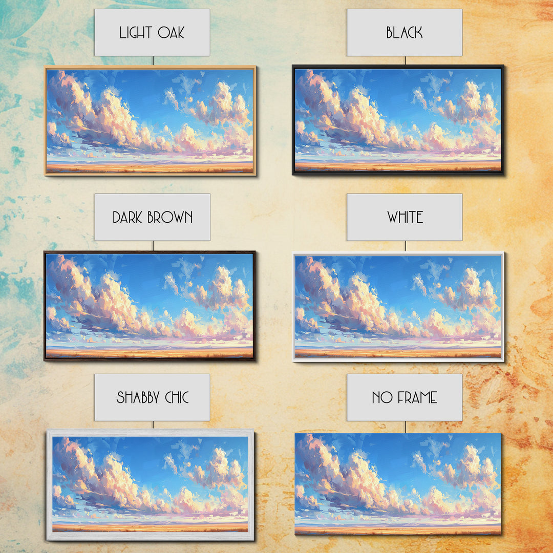 Panoramic Oil Painting Print of A Cloudy Sky Framed Canvas Print, Boho Minimalist Home Decor, Guest Room Wall Art