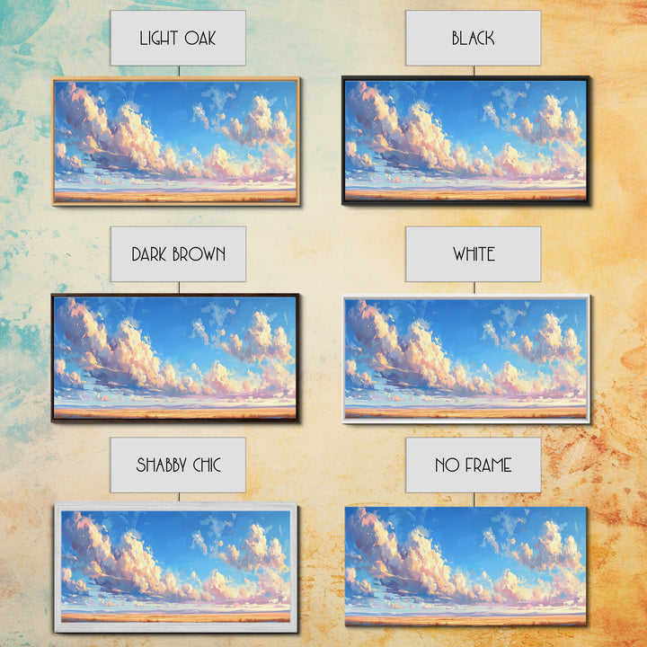 Panoramic Oil Painting Print of A Cloudy Sky Framed Canvas Print, Boho Minimalist Home Decor, Guest Room Wall Art