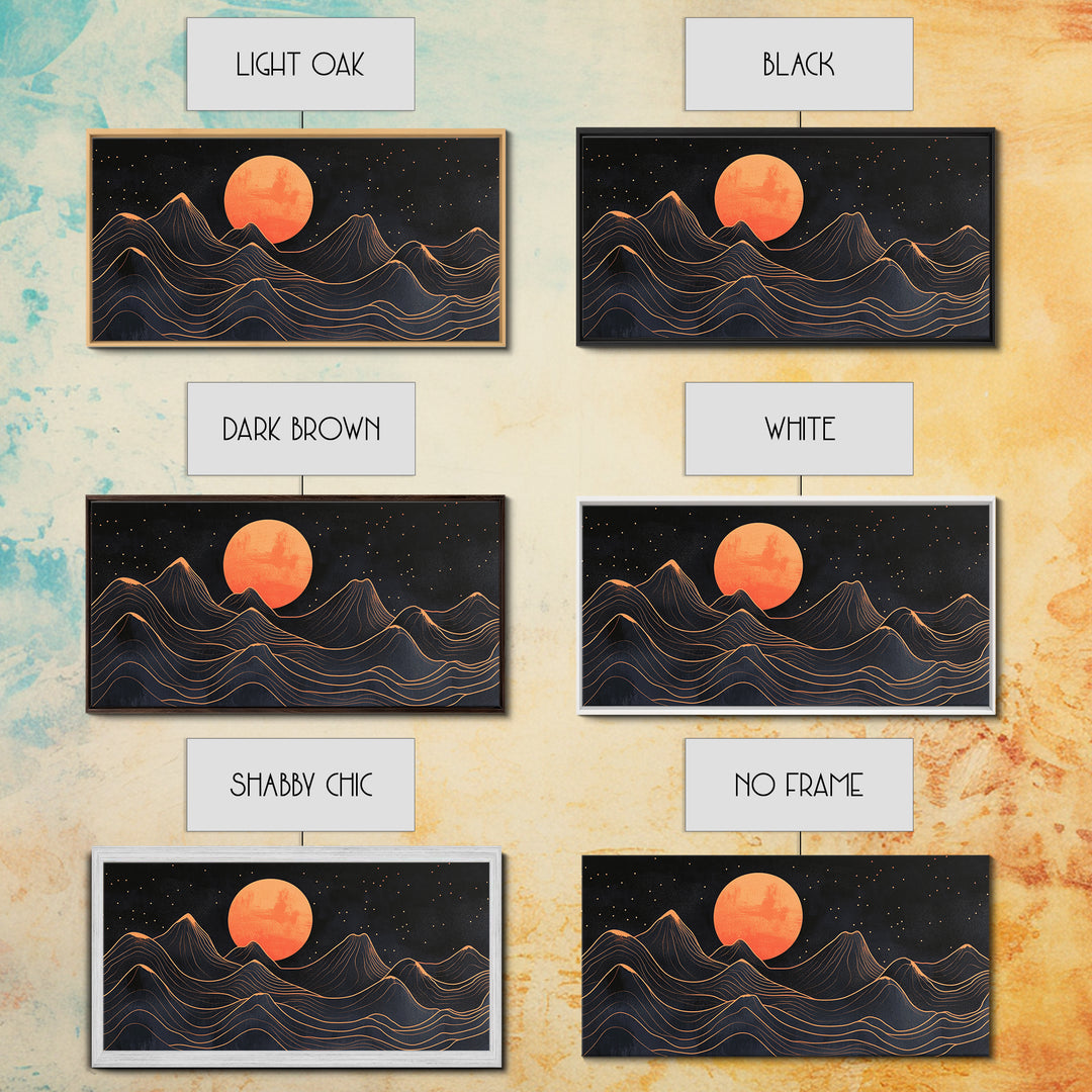 Art Deco Style Abstract Art, Orange Blood Moon Over Mountain Landscape, Retro Home Decor