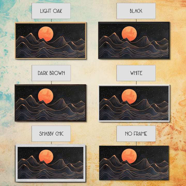 Art Deco Style Abstract Art, Orange Blood Moon Over Mountain Landscape, Retro Home Decor