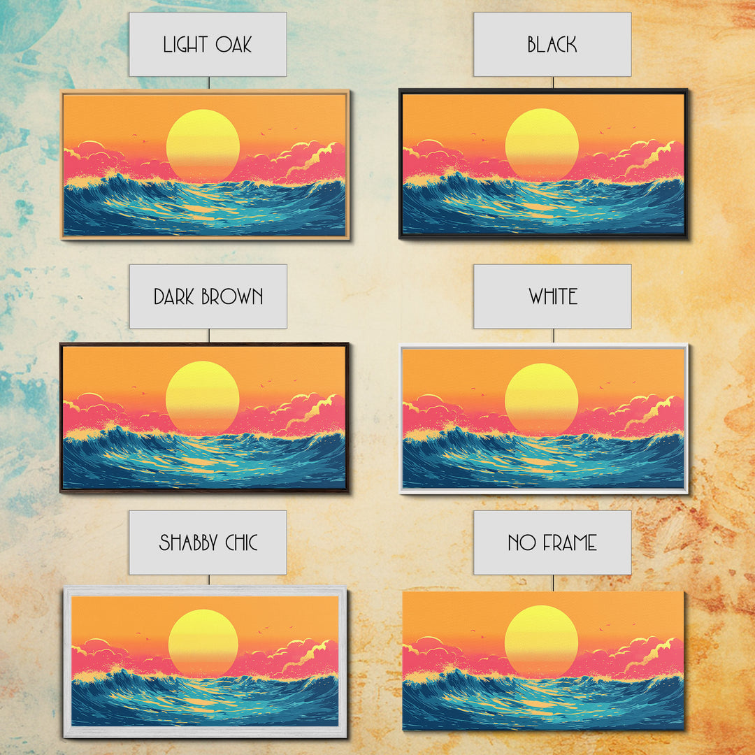Retro Sunset Over The Ocean, Framed Canvas Print, Beautiful Synthwave Horizontal Wall Art