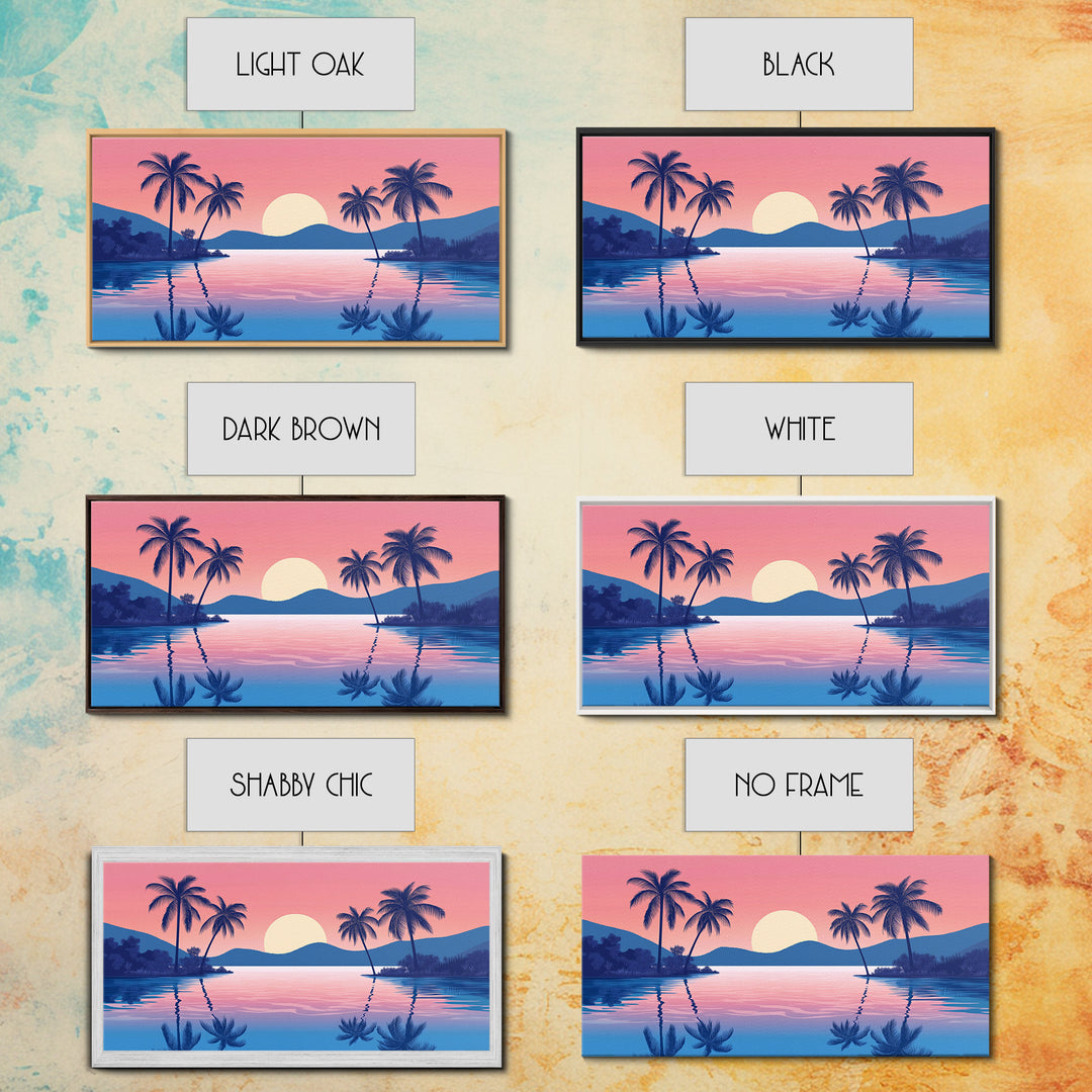 Abstract Vaporwave Sunset Over A Beach Landscape, Framed Canvas Print, Modern Art, Unique Wall Decor, Framed Canvas Art