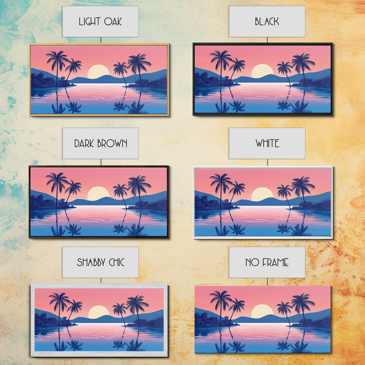 Abstract Vaporwave Sunset Over A Beach Landscape, Framed Canvas Print, Modern Art, Unique Wall Decor, Framed Canvas Art