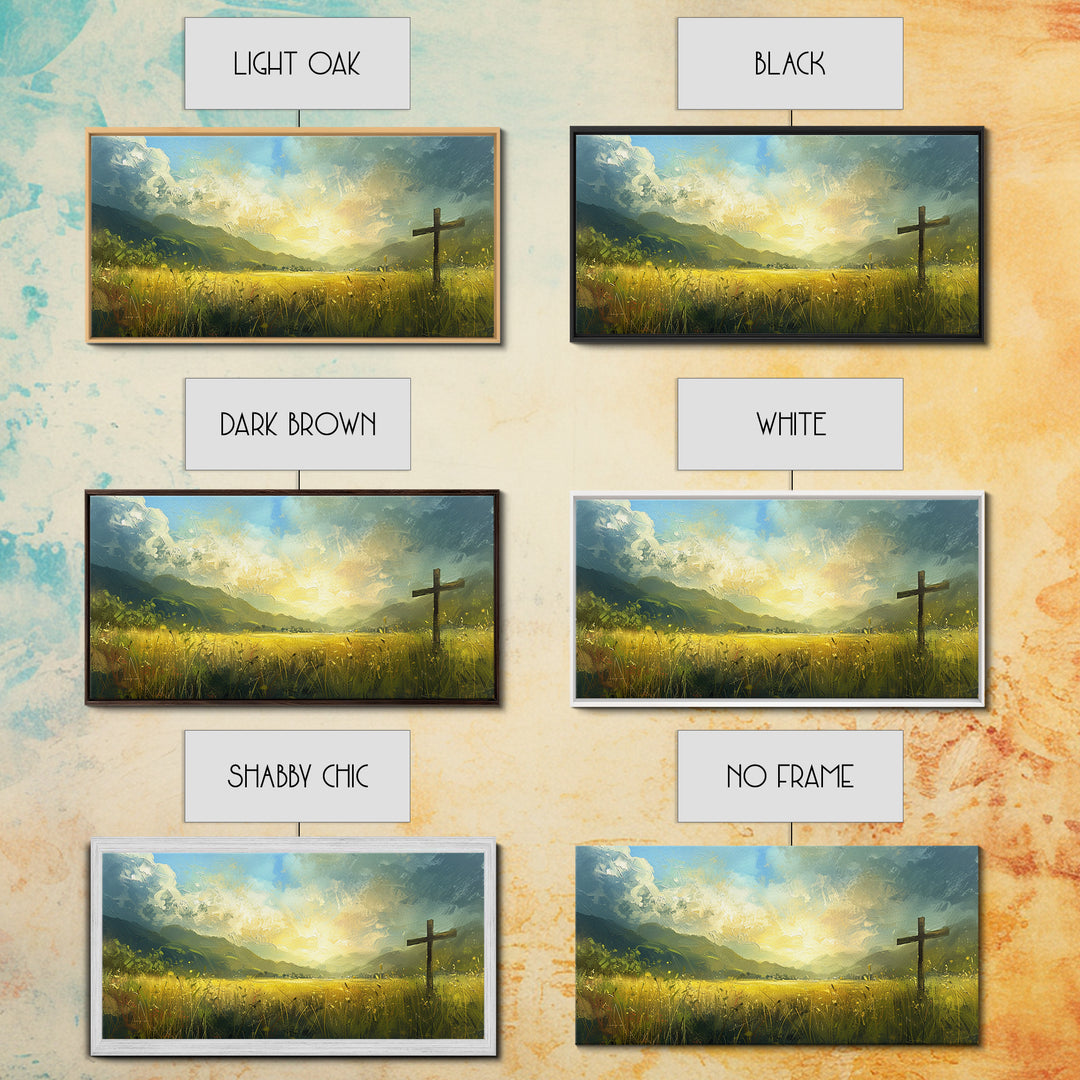 Cross In a Field Of Grass Framed Canvas Print, Christian Wall Art, Landscape Painting, Faith Decor, Cross Painting