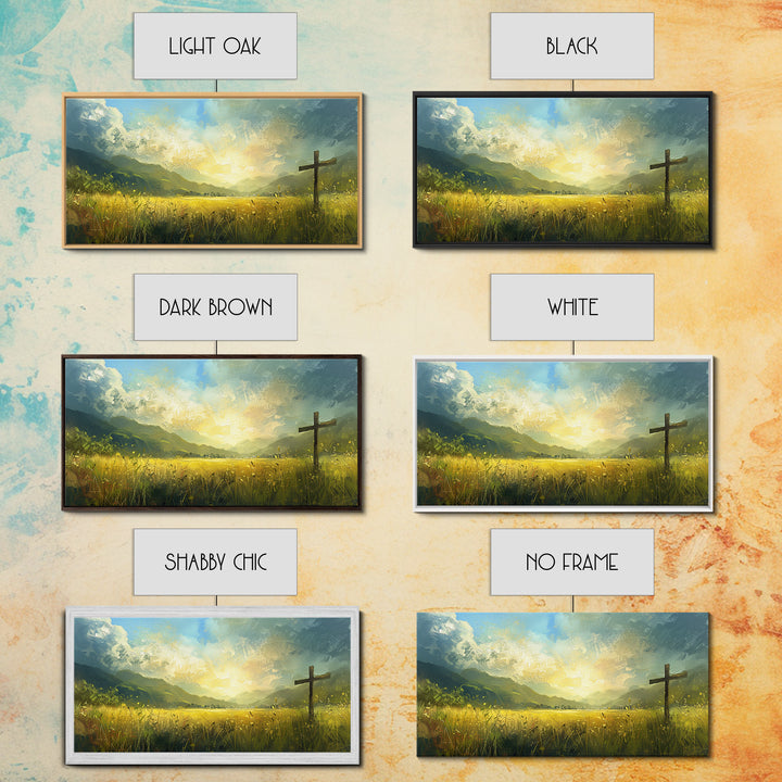 Cross In a Field Of Grass Framed Canvas Print, Christian Wall Art, Landscape Painting, Faith Decor, Cross Painting