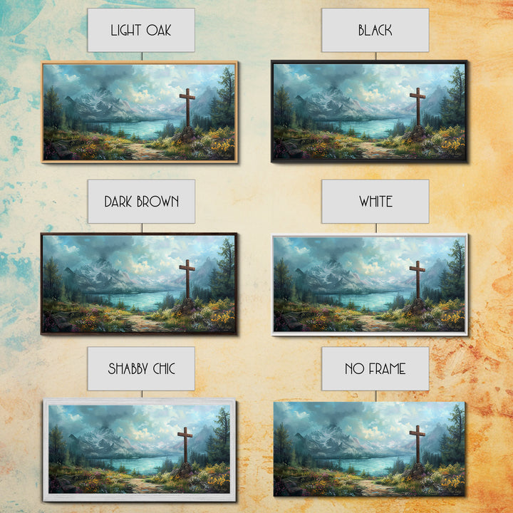 Cross In The Mountains Framed Canvas Print, Christian Faith Wall Art, Beautiful Landscape Painting