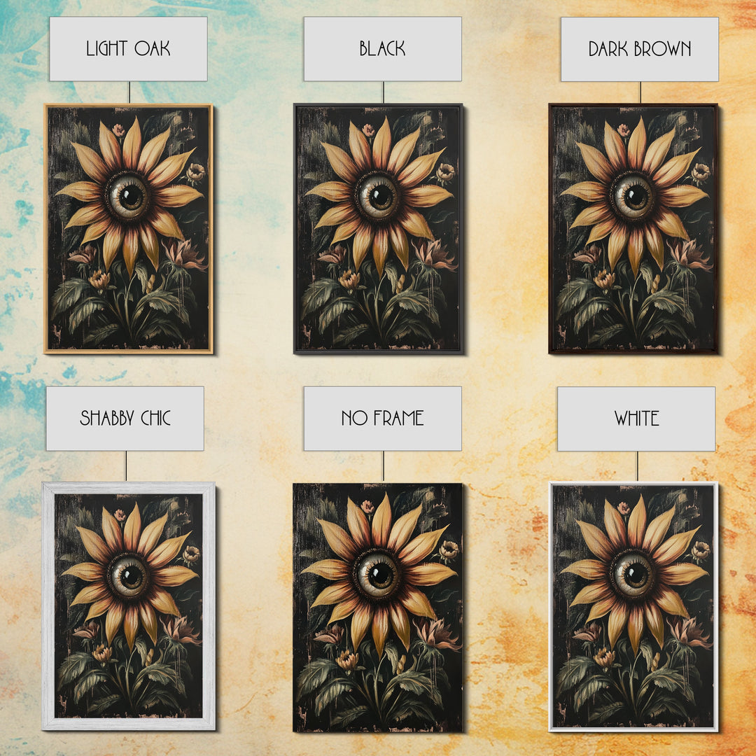 Cyclops Sunflower Framed Canvas Print - Spooky Home Decor - Halloween Wall Art - Dark Academia Macabre Wall Art Goth Botanical Art
