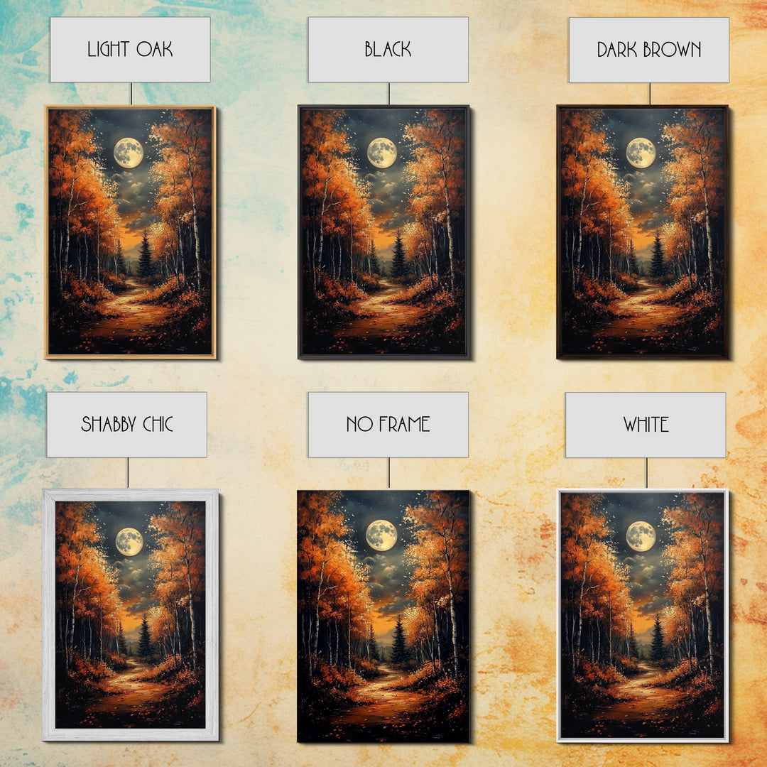 Full Moon Over a Haunted Forest, Framed Canvas Print, Wood Framed Wall Art, Dark Academia Witchy Decor