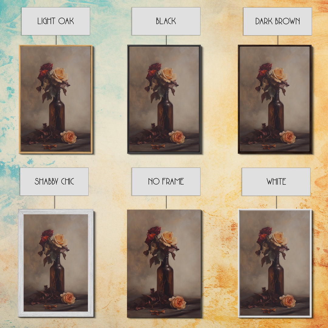 Roses in a Wine Bottle Oil Painting Print, Still Life of Roses, Rose Painting, Rose Art, Moody Decor, Subdued Art