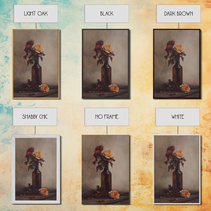 Roses in a Wine Bottle Oil Painting Print, Still Life of Roses, Rose Painting, Rose Art, Moody Decor, Subdued Art