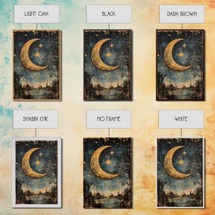 Crescent Moon in Starry Night Sky, Folk Art Framed Canvas Print, Boho Eclectic Decor, Minimalist Witchy Wall Art, Moody Decor
