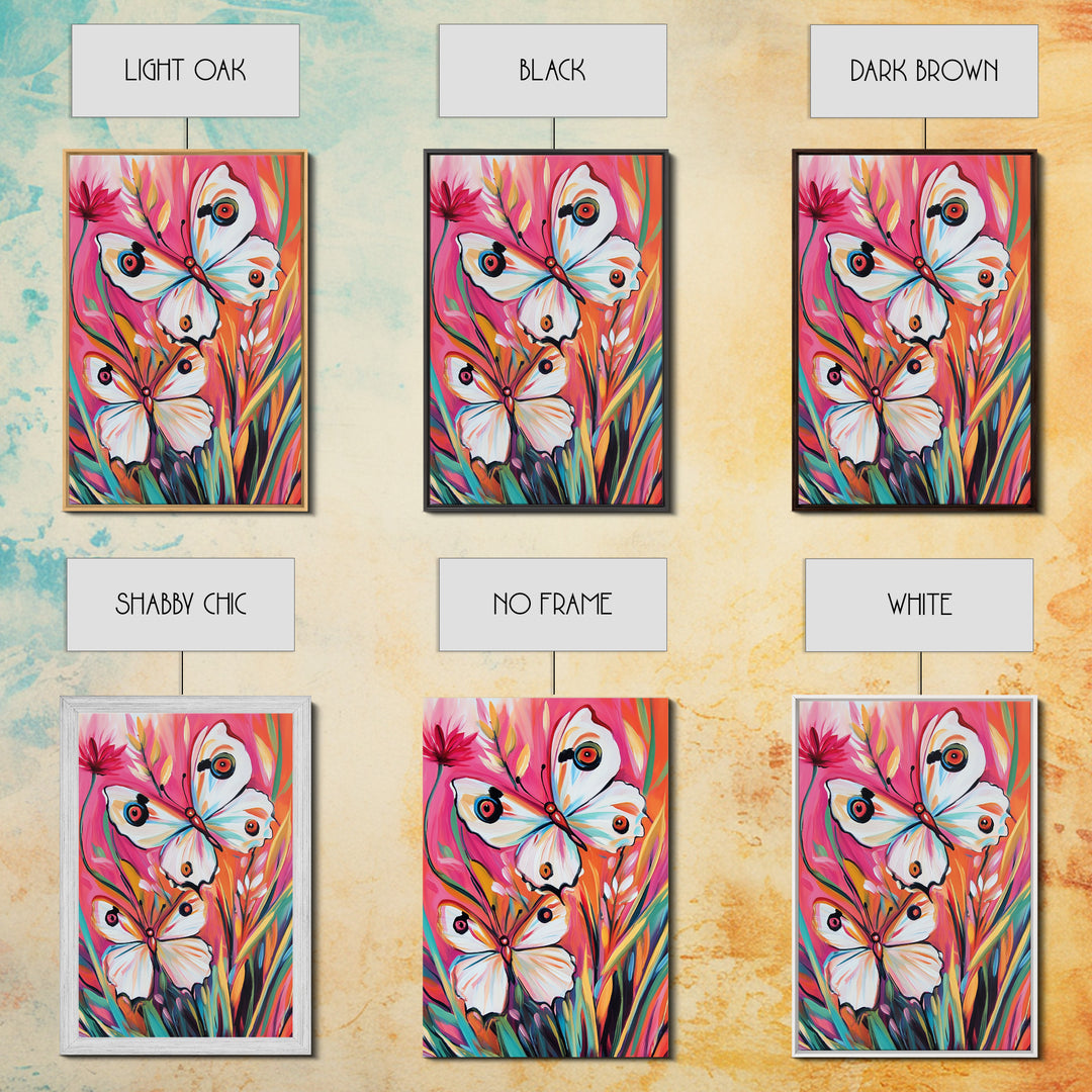 Abstract Painting Print of White Butterflies on Pink Background, Home Decor, Preppty Wall Art, Framed Canvas Print