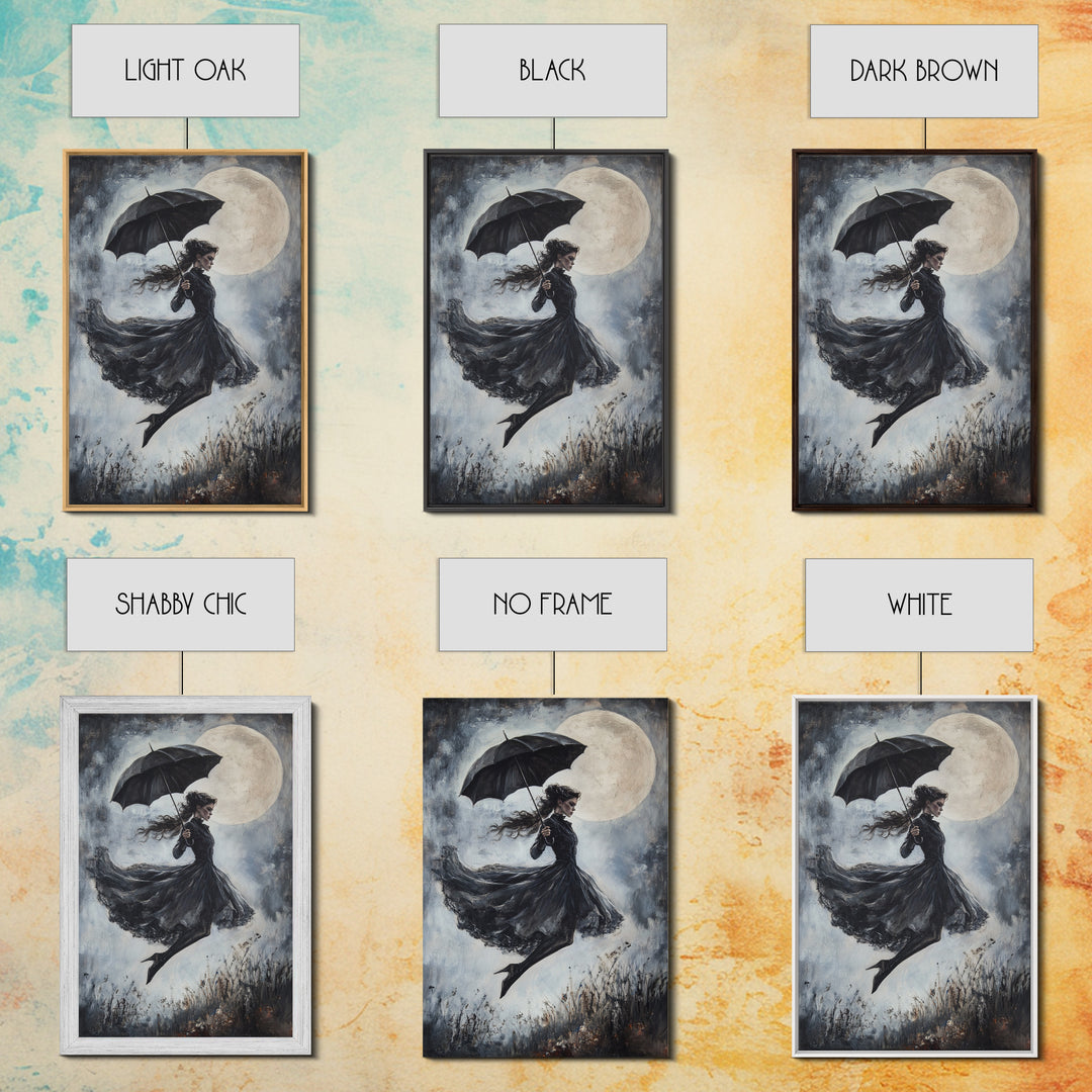 Witch Flying with an Umbrella, Framed Canvas Print, Witchy Decor, Halloween Wall Art, Goth Art, Dark Academia