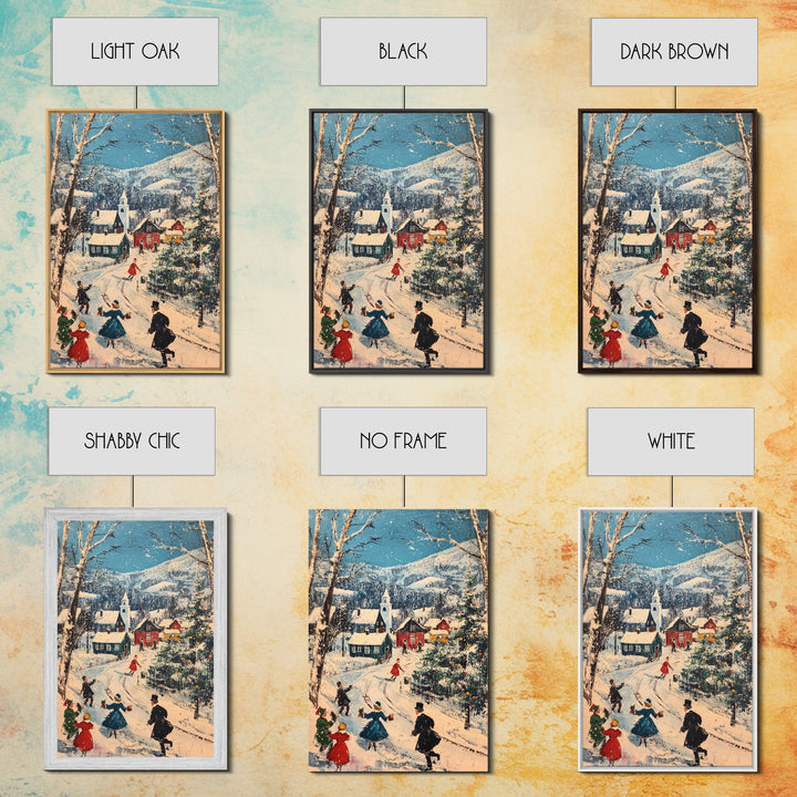 Ice Skating in The Streets on Christmas Morning Framed Canvas Print - Retro Christmas Village Wall Art - Christmas Above Mantle Centerpiece Art
