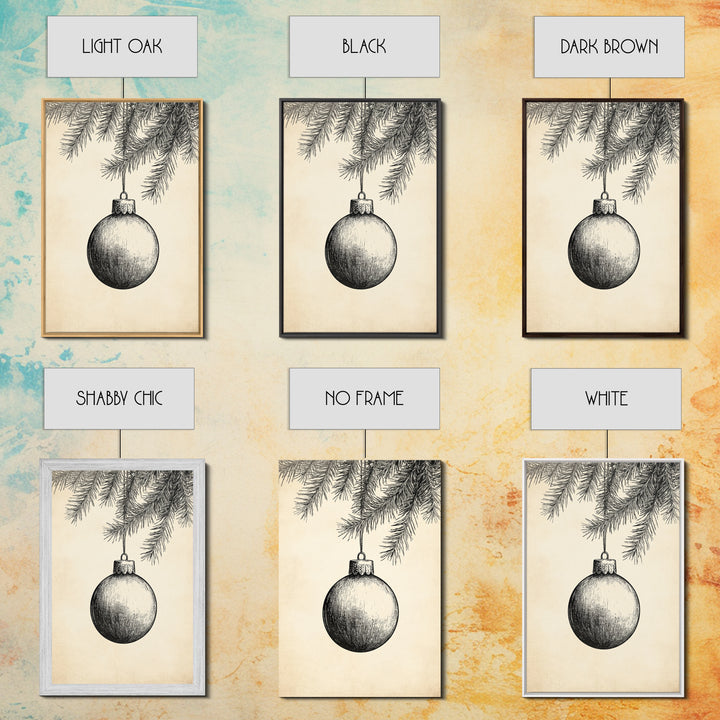 Boho Christmas Ornament Painting Print, Christmas Art, Black and White Art