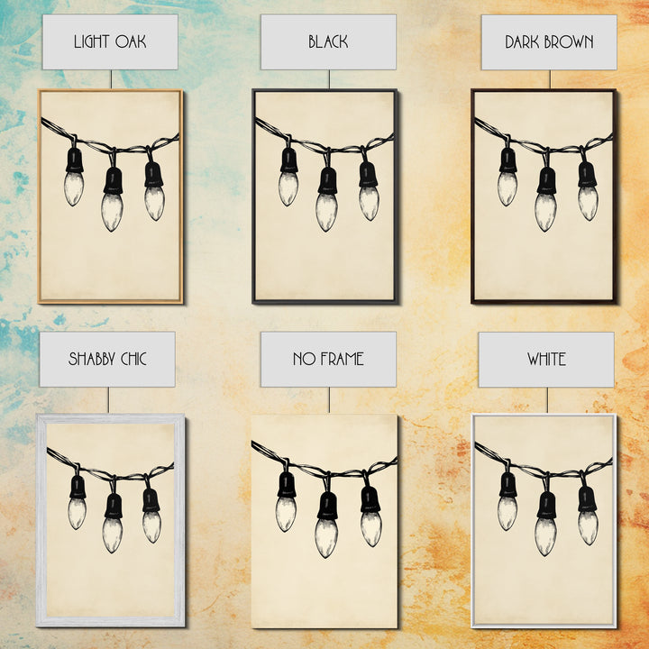 Black and White Sketch of Christmas Lights Canvas Print - Framed Canvas - Minimalist Christmas Art - Boho Christmas Art - Rustic Christmas Art