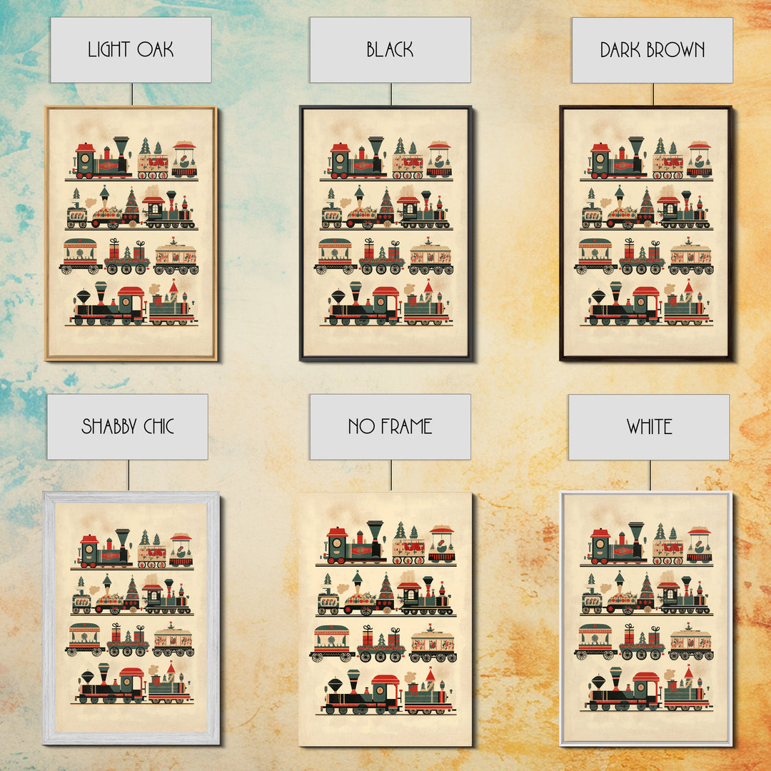 Cute Christmas Trains Canvas Print - Framed Canvas - Minimalist Christmas Art - Boho Christmas Art - Rustic Christmas Art