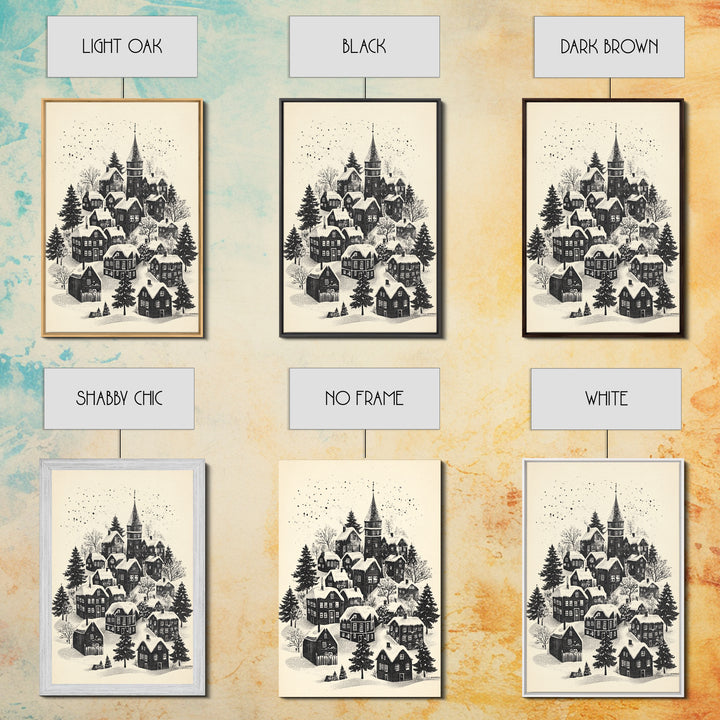 Black and White Sketch of A Christmas Village Canvas Print - Framed Canvas - Minimalist Christmas Art - Boho Christmas Art - Rustic Christmas Art