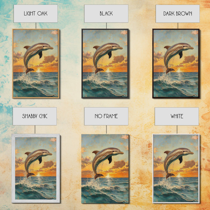 Dolphin Jumping At Sunset, Framed Canvas Print, Dolphin Painting, Dolphin Decor, Dolphin Wall Art