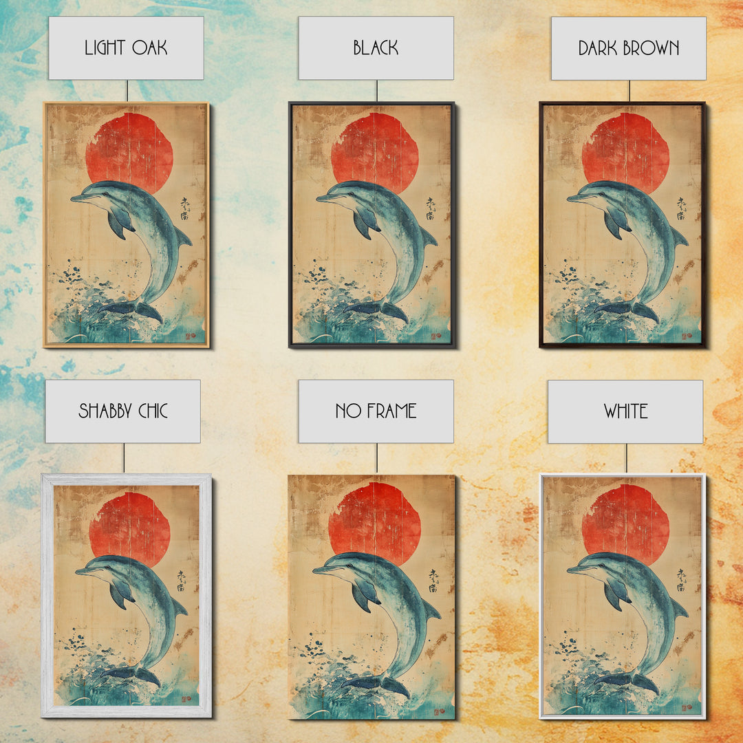 Dolphin Jumping Under A Sunset Over the Ocean Framed Canvas Print, Wabi Sabi Nautical Home Decor, Minimalist Wall Art, Office Decor