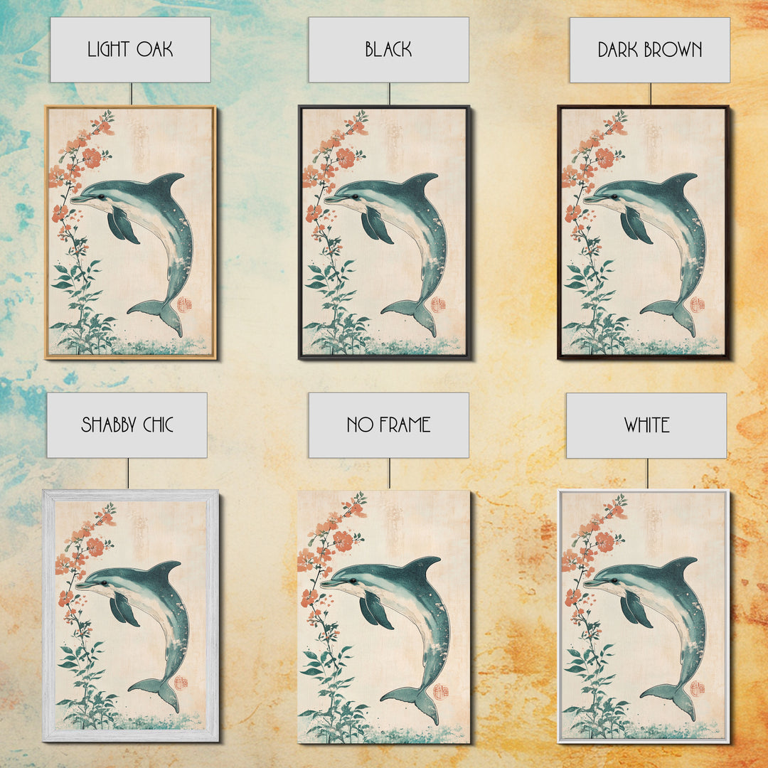 Cherry Blossoms and Dolphins, Framed Canvas Print, Home Decor, Wabi Sabi Dolphin Painting, Minimalist Decor, Living Room Art, Bedroom Art