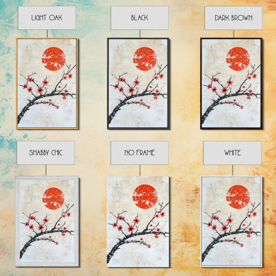 Cherry Blossoms and Sunset Framed Canvas Print - Minimalist Wabi Sabi Wall Art - Cherry Blossoms Painting - Home Decor - Japanese Style Art