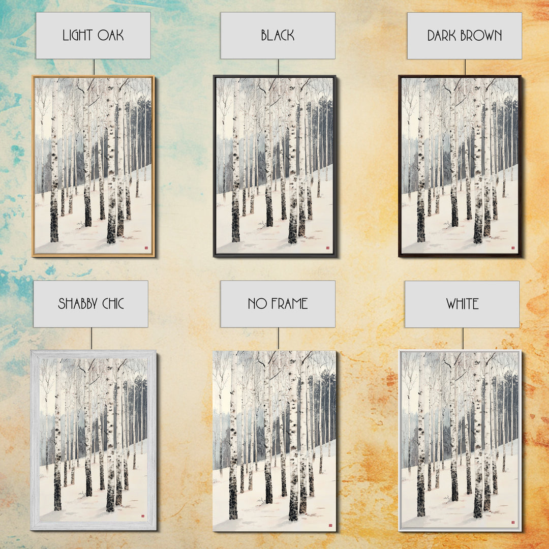 Winter Birch Tree Forest Framed Canvas Print, White Birch Trees In Winter Forest Landscape Art Print Minimalist Living Room Nature Wall Art