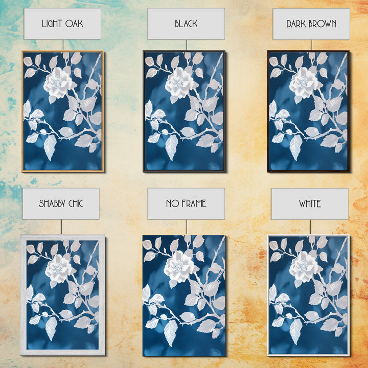White Flowers on Blue Background Framed Canvas Print, Chinoiserie Wall Art, Boho Decor, Minimalist Wall Art, Boho Home Decor