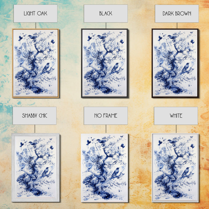 Chinoiserie Wall Art Framed Canvas Print, Blue Tree and Birds, Botanical Print, Birdwatcher Gift Idea, Chinoiserie Style Painting