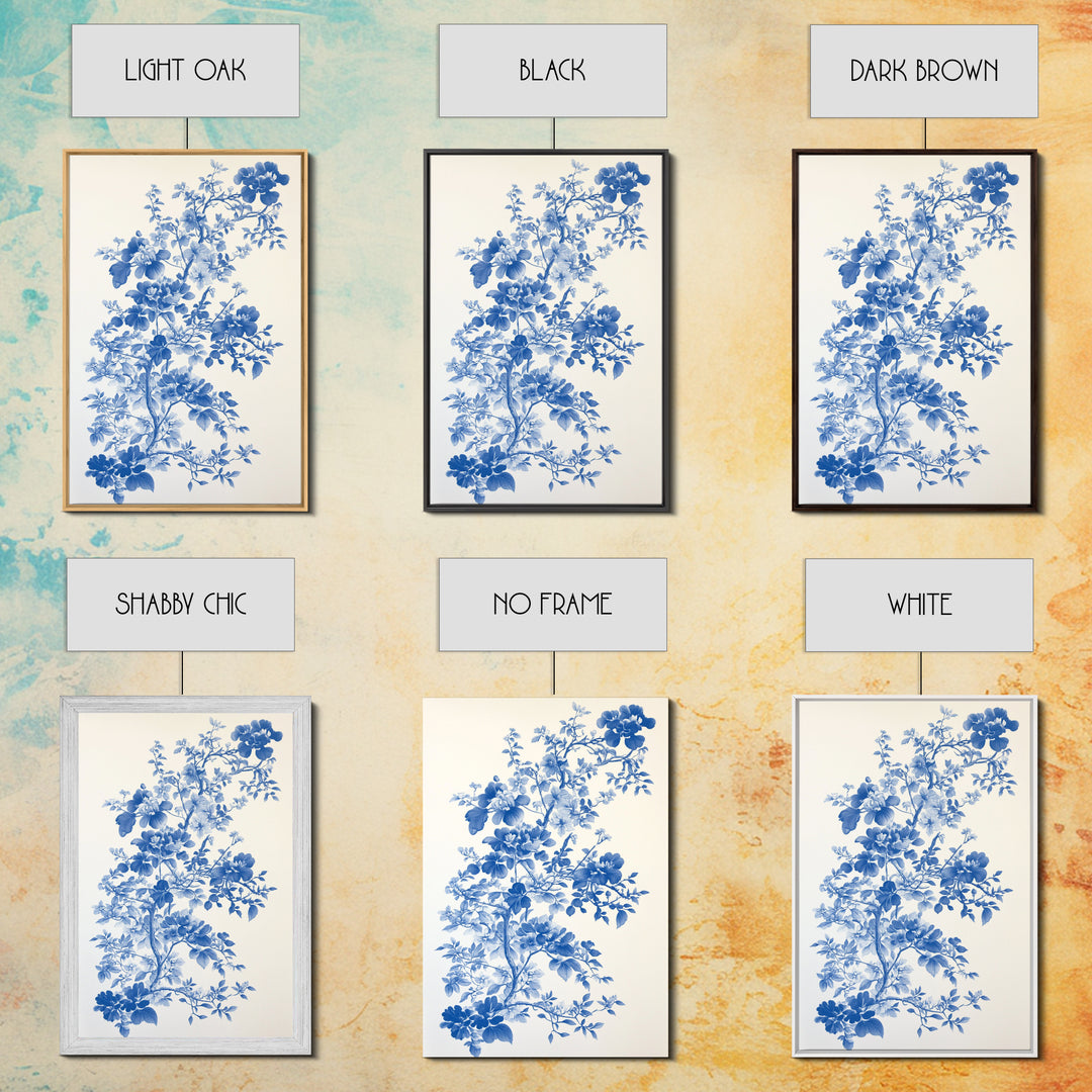 Blue Floral Print, Chinoiserie Wall Art, Framed Canvas, Canvas Art Home Decor, Chinoiserie Style Painting