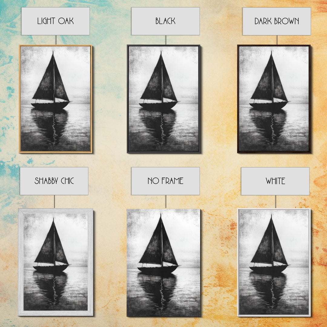Charcoal Sketch of a Sailboat, Framed Canvas Print, Sailboat Painting, Minimalist Home Decor, Nautical Decor, Black and White Sailboat Art