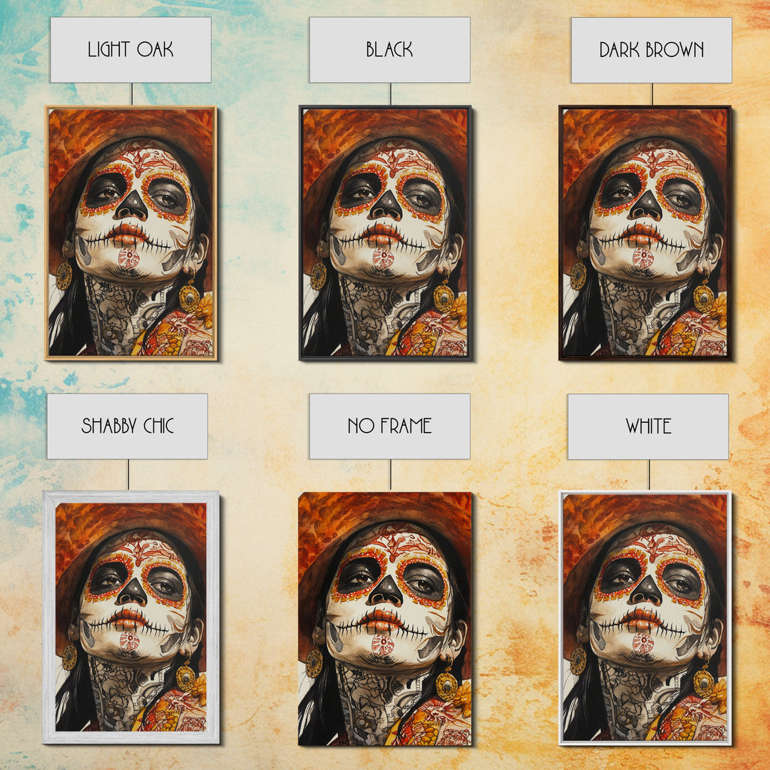 Day Of The Dead Portrait Framed Canvas Print, Chicano / Mexicano Wall Art, Home Decor, Chicano Wall Art, Chicano Painting