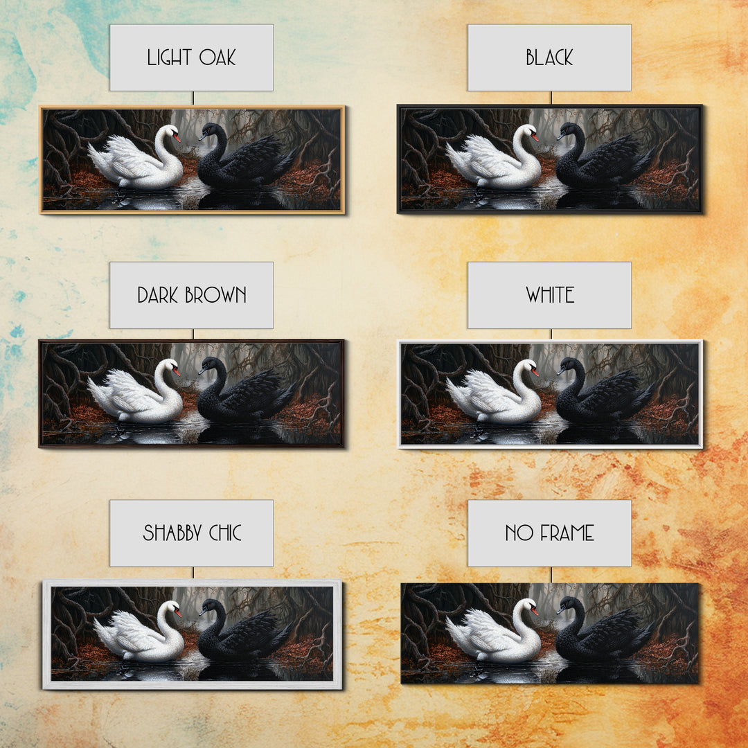 Black and White Swan Form  A Heart, Framed Canvas Print, Swan Painting, Black Swan Art, Dark Romance, Panoramic Art, Gothic Art