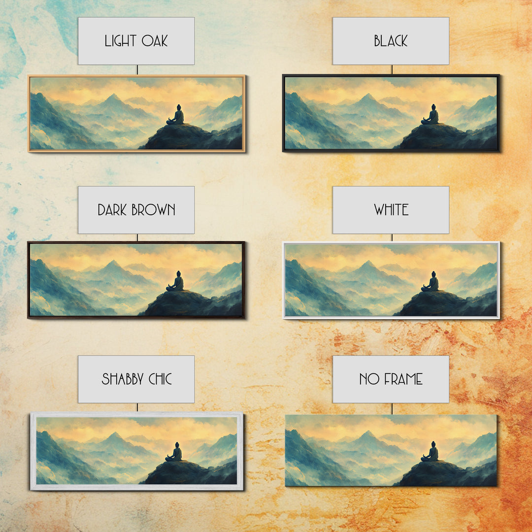 Buddha Meditating On The Mountain Framed Canvas Print, Zen Wall Art, Meditation Room Decor, Yoga Studio Decor, Panoramic Buddha Painting