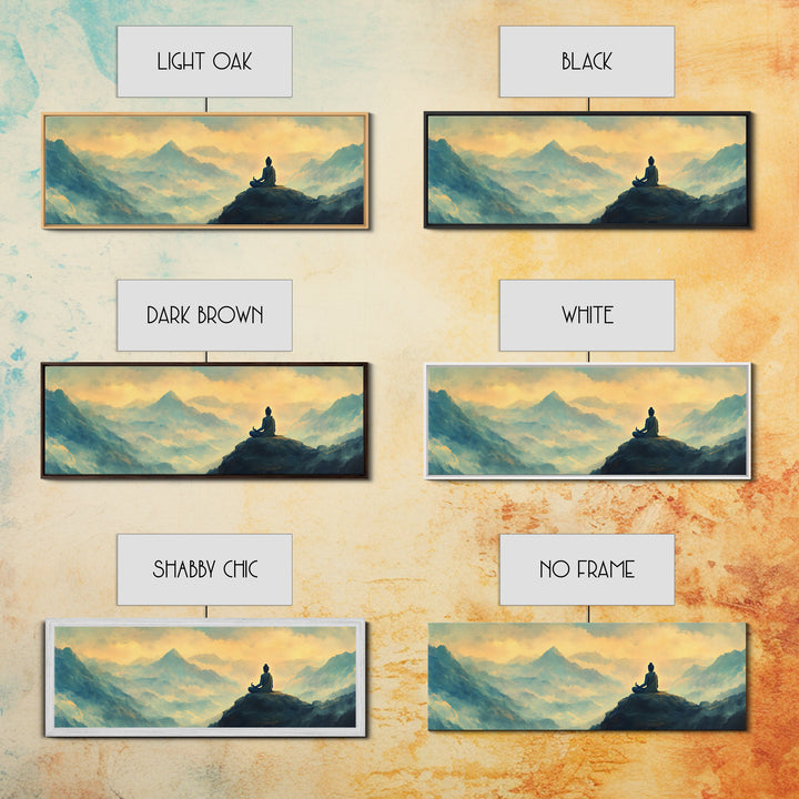 Buddha Meditating On The Mountain Framed Canvas Print, Zen Wall Art, Meditation Room Decor, Yoga Studio Decor, Panoramic Buddha Painting