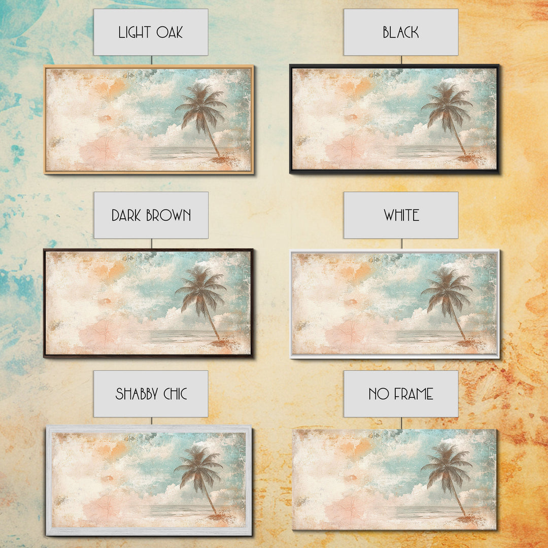 Distressed Painting Print of a Lone Palm Tree on a Beach, Framed Canvas Print, Retro Nautical Landscape Painting, Beach Wall Art, Beach Print