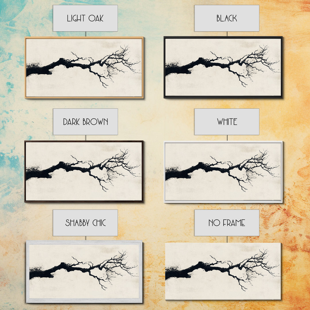 Black and White Wall Art, Framed Canvas Print, Dead Branch Painting on a Black Background, Charcoal Sketch, Charcoal Painting Wall Art