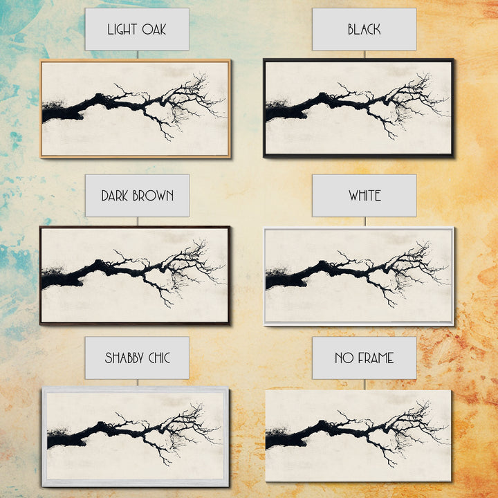 Black and White Wall Art, Framed Canvas Print, Dead Branch Painting on a Black Background, Charcoal Sketch, Charcoal Painting Wall Art